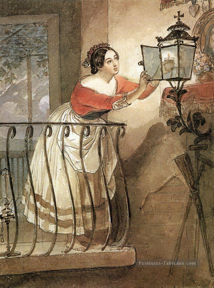 femme italienne éclairant une lampe devant l’image de madonna Karl Bryullov Peintures à l'huile